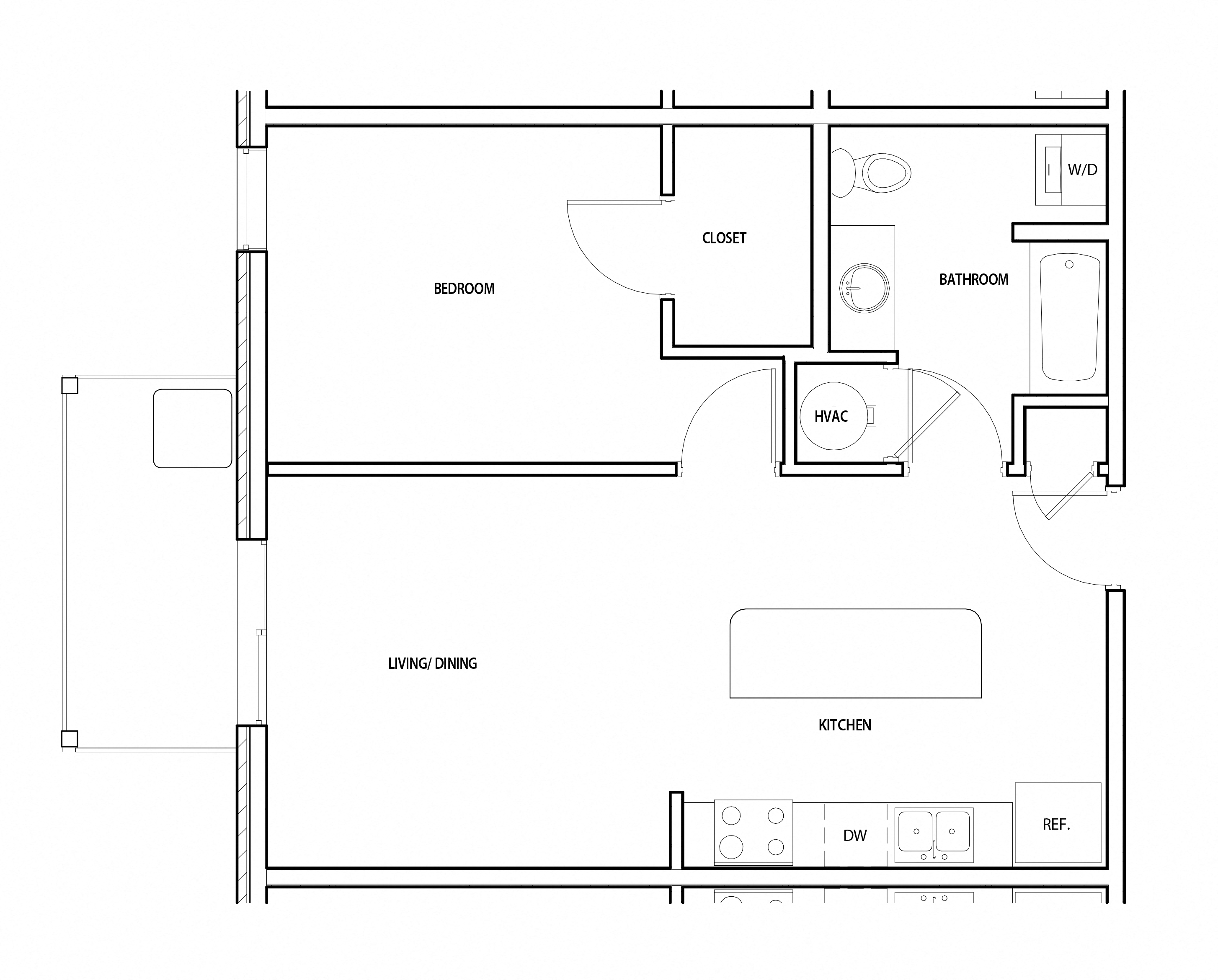 Floor plan for 1 bed, 1 bath, 630 sqft